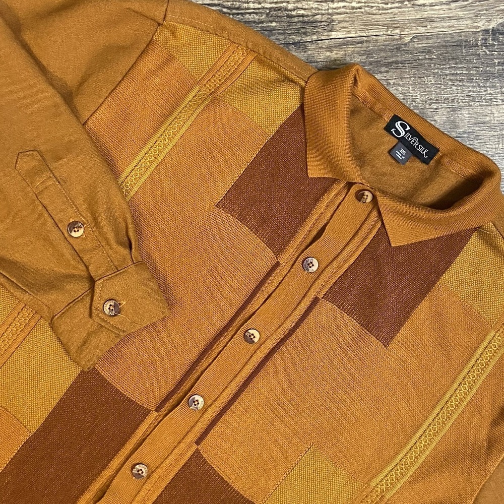 SilverSilk Shirt Men's 3XL Geometric Retro Vintage Grandpa Rust Gold‎ Button Up